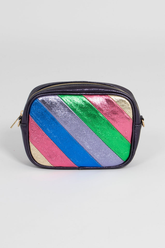 navy blue camera bag with a striped front, stipes are pink, blue, gold and green metallic shimmer