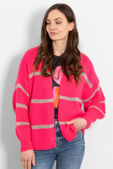 lucy-wool-blend-cardigan-neon-pink-gold-striped-front-view-model
