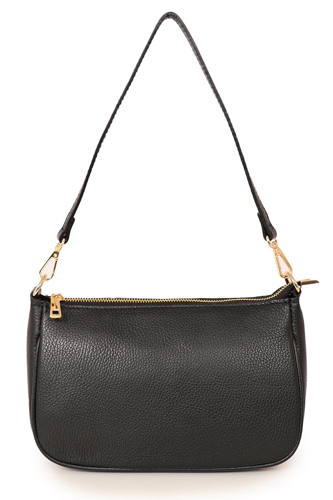 black leather baguette bag showing included longer shoulder strap