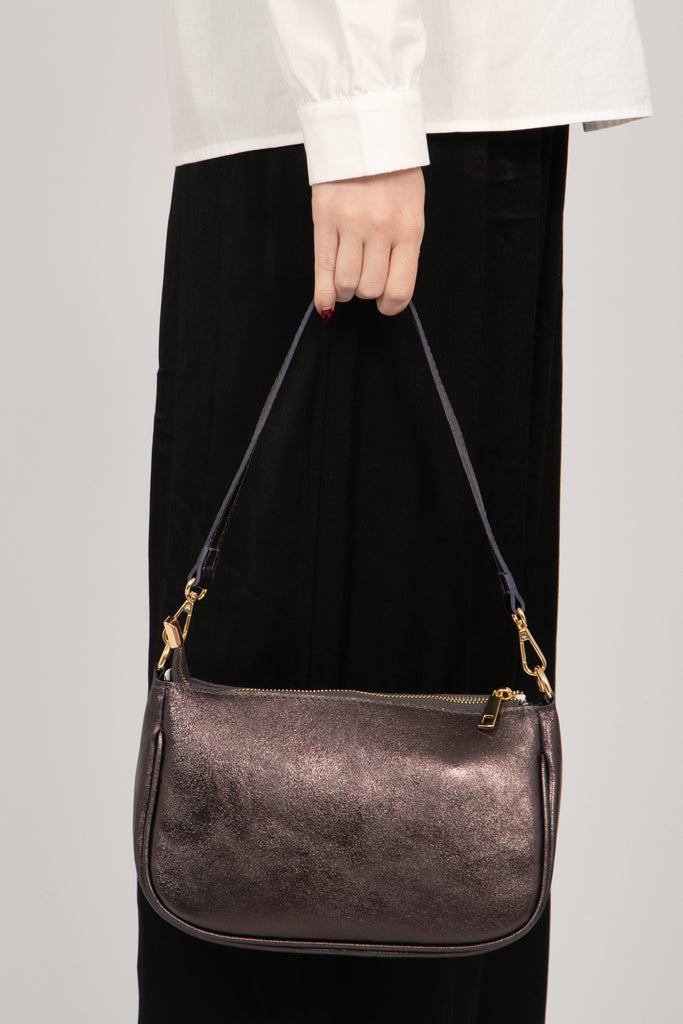 side view of the gunmetal grey baguette clutch bag