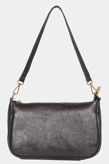 a dark gun metal grey leather baguette bag, zip closure