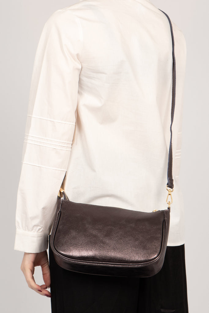 gun metal grey handbag showing two detachacble bag straps included