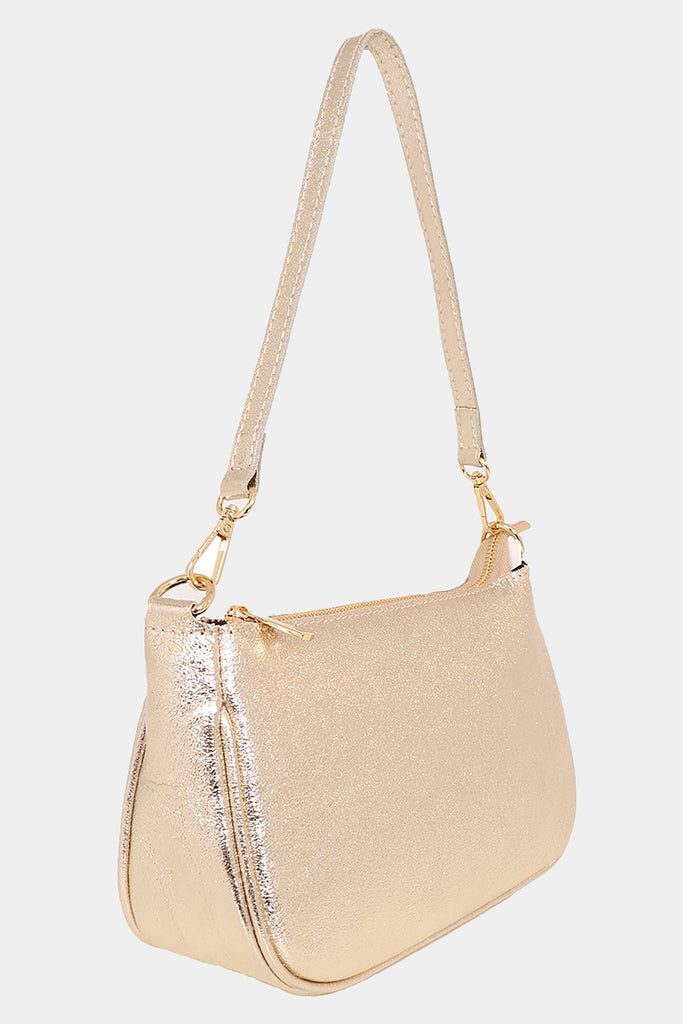 gold leather baguette bag with zip closure