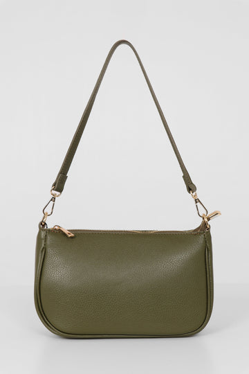 khaki green leather baguette clutch bag