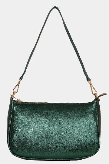 green shimmery leather baguette bag