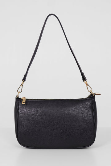 navy blue leather baguette bag with zip closure, gold hardware