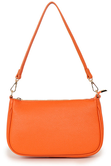 orange leather baguette handbag with zip closure