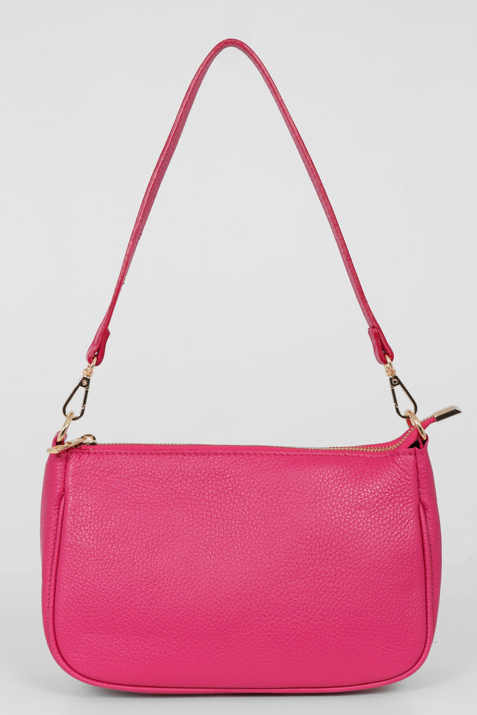 vibrant pink leather baguette clutch bag