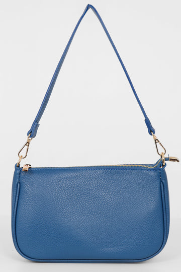 royal blue leather baguette clutch bag with zip closure