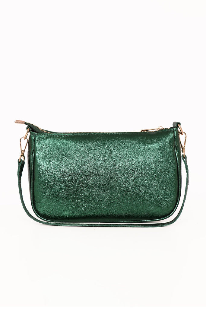 side view of green shimmery leather baguette clutch bag