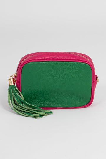 green and pink two tone crossbody bag with pink detachable strap