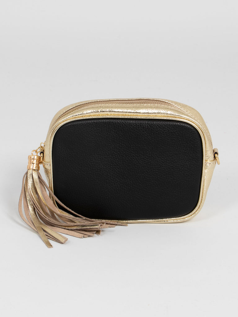 black and gold leather bag with gold detachable bag strap