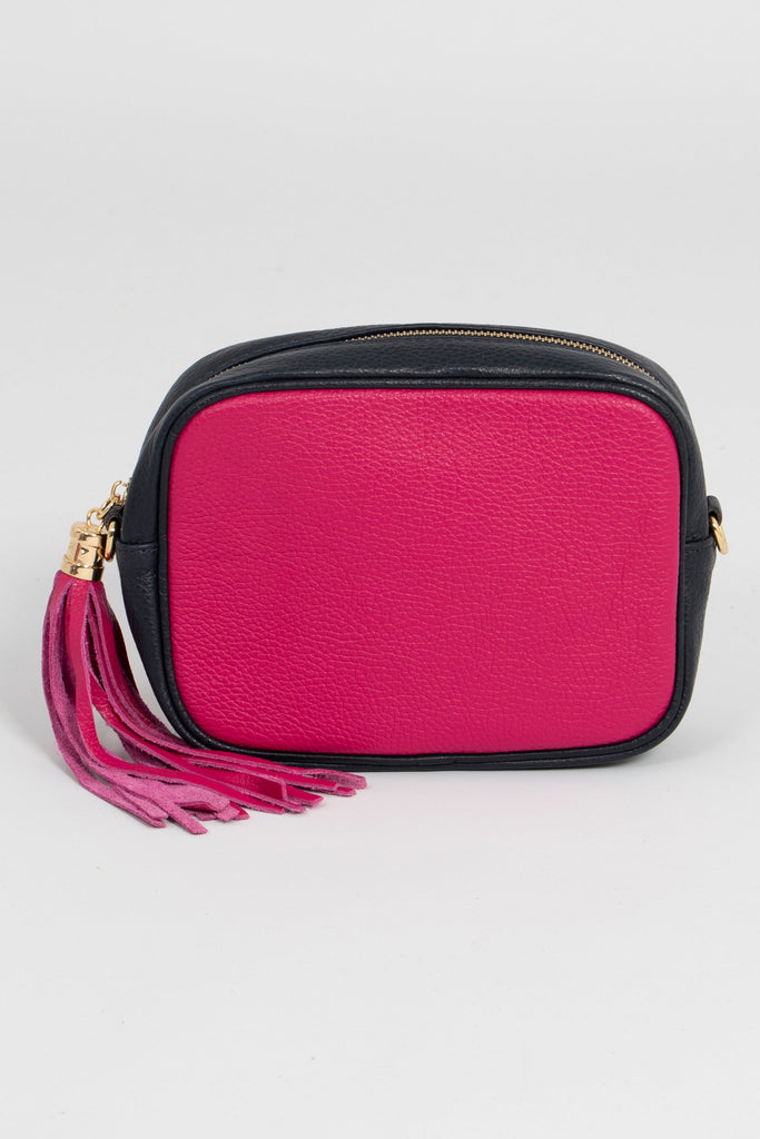 pink and navy blue two tone leather crossbody bag with navy blue detachable strap