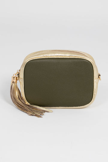 khaki green and gold leather crossbody camera bag