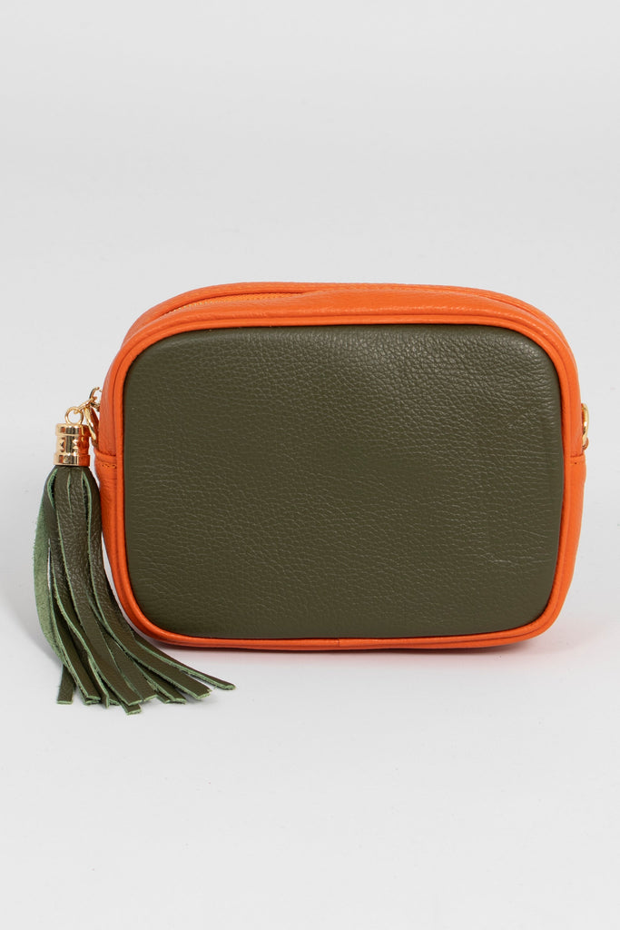 khaki green and orange leather crossbody bag