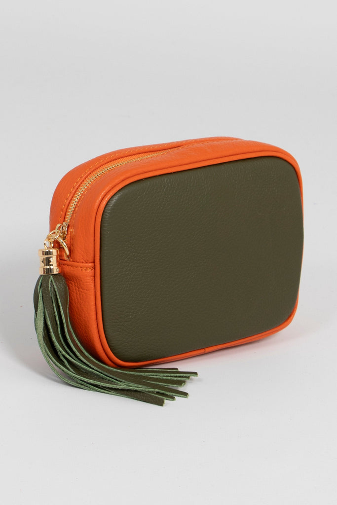 side view showing green front and back, orange sides and a zip closure