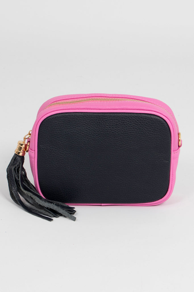 navy blue and hot pink two tone crossbody leather camera bag, zip closure