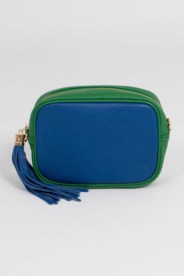 royal blue and vibrant green two tone leather camera bag