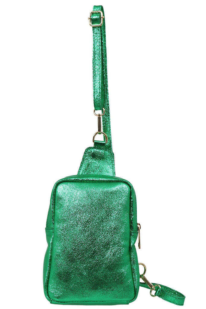 metallic green shimmery leather crossbody sling bag