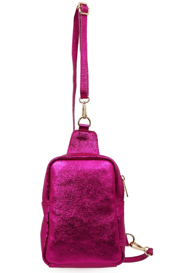 metallic pink shimmery leather crossbody sling bag with zip closure