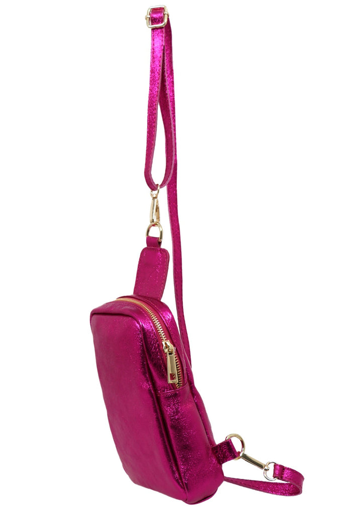 side view of the crossbody bag showing the zip closure