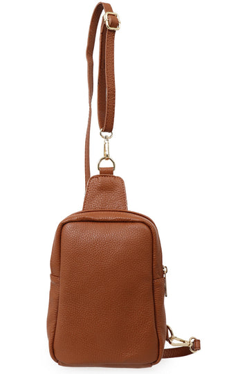 tan brown leather crossbody sling bag with zip closure