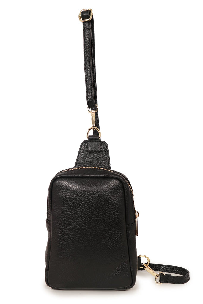 black italian leather sling bag, crossbody bag with zip closure