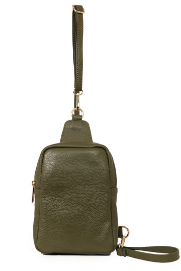 khaki green leather sling bag with detachable bag strap