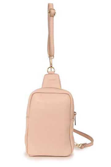 beige nude leather crossbody sling bag with zip closure and detachable strap