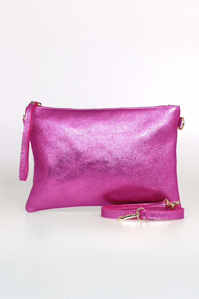 metallic shimmery raspberry pink wristlet clutch bag, with zip closure