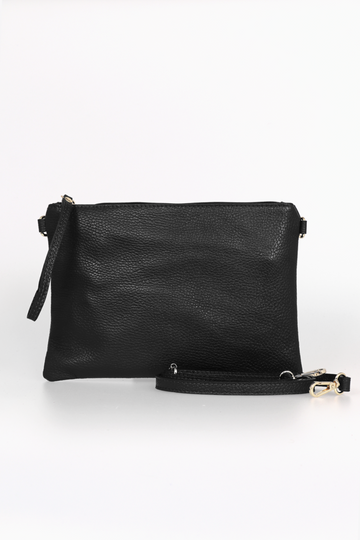 black leather wristlet clutch bag with a zip closure