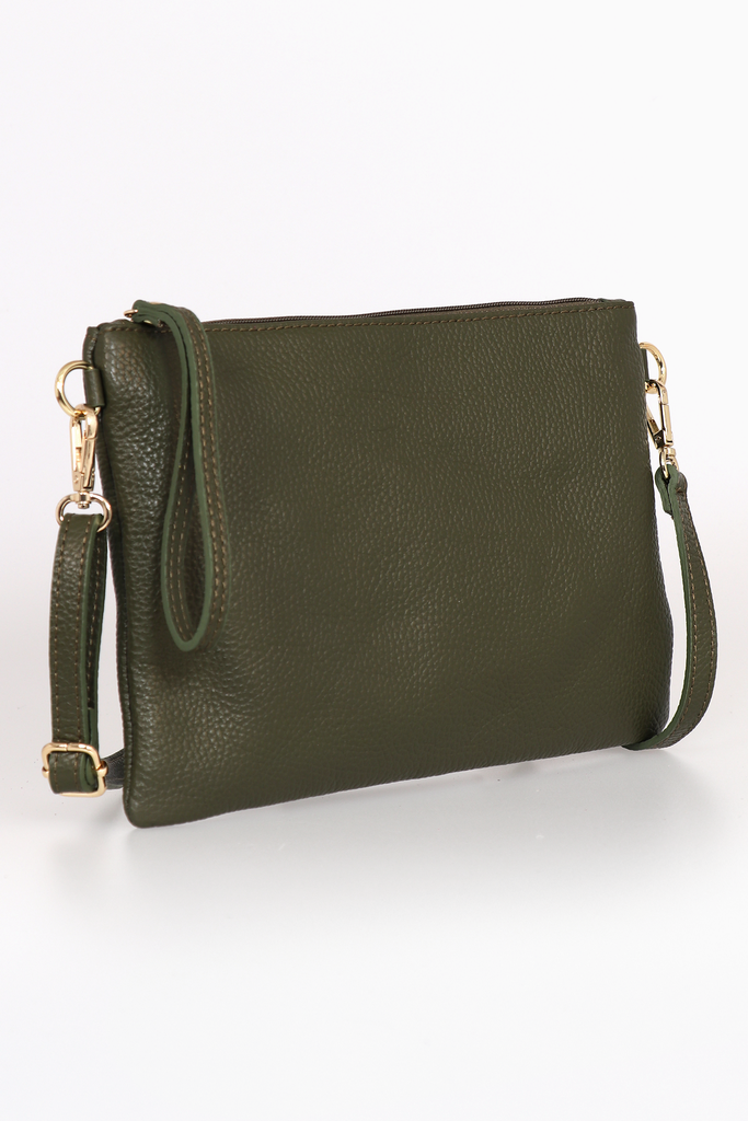 side view of khaki green wristlet clutch bag 