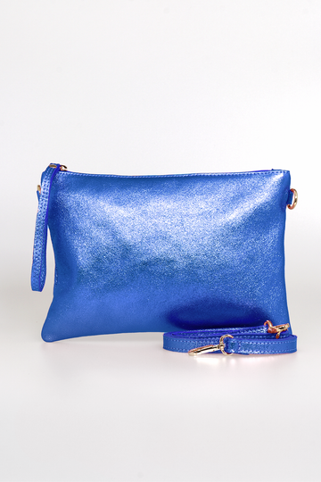 metallic blue shimmery genuine leather womens wristlet cluch bag