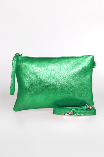 metallic green sparkly wristlet clutch bag with additional long shoulder strap