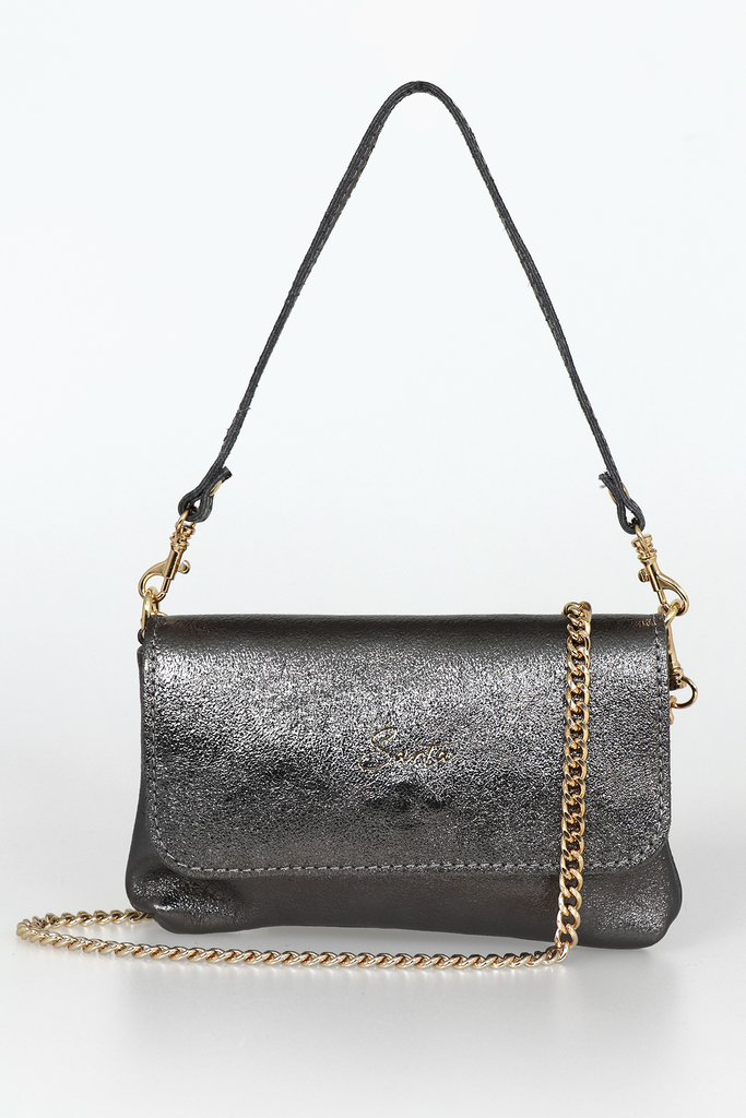 gun metal grey metallic leather mini crossbody bag with a gold chain strap