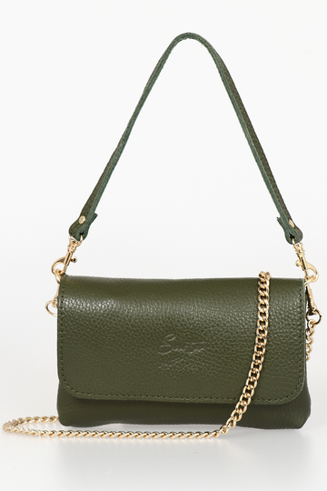 khaki green mini crossbody bag with a gold chain strap and an embossed sarta logo on the front