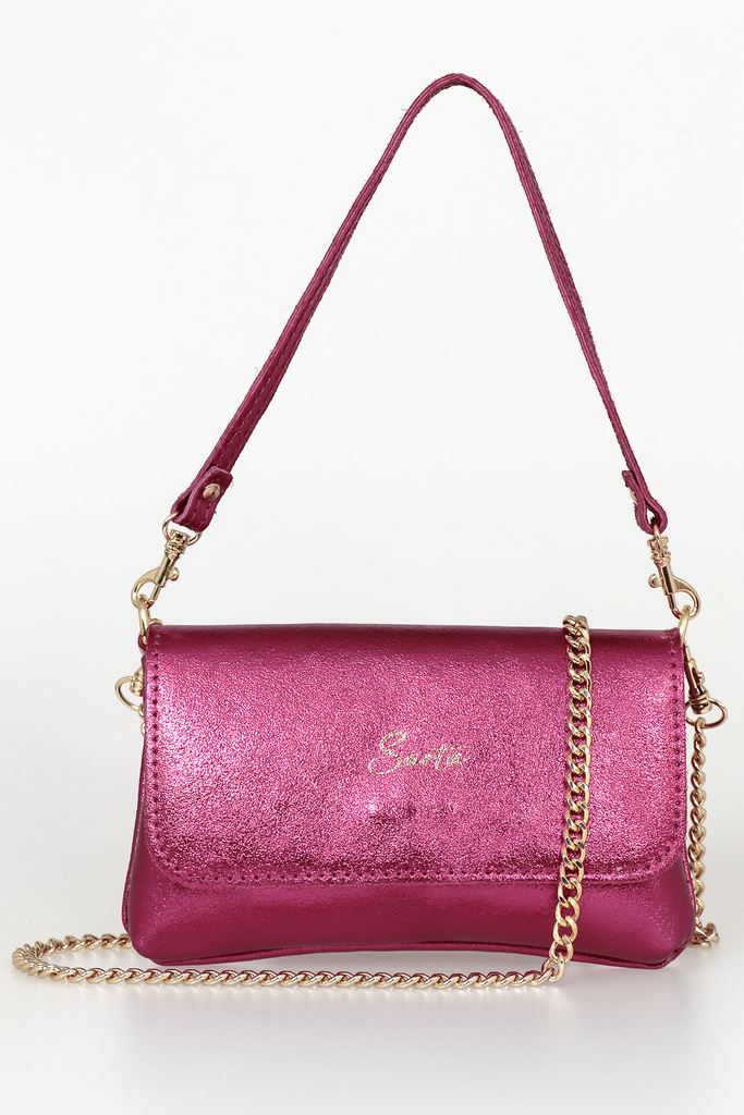 magenta pink leather crossbody mini bag with a gold chain strap and a gold embossed sarta logo on the front