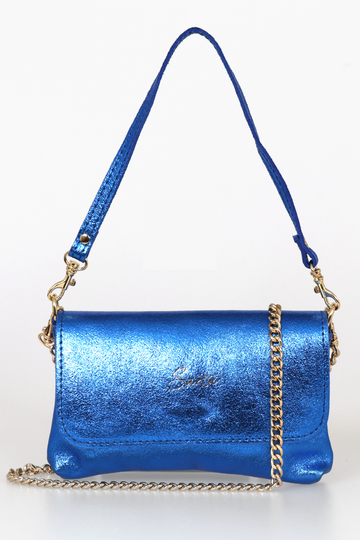 metallic blue leather mini crossbody bag with gold chain strap