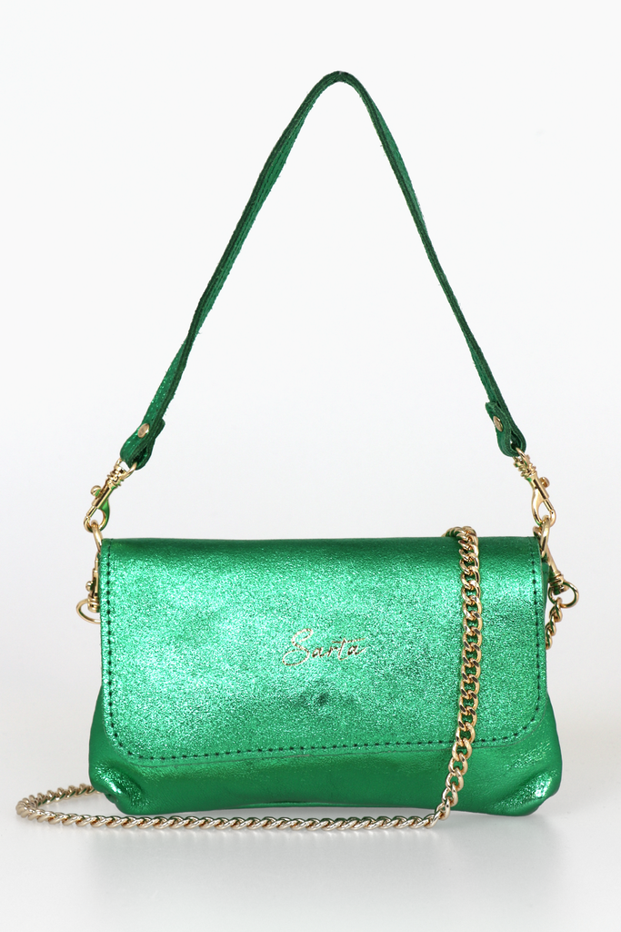 metallic green mini crossbody evening bag with gold chain strap 