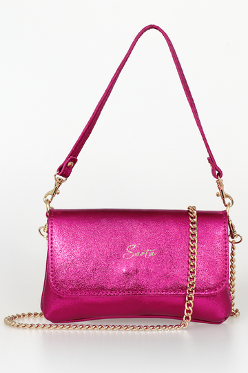 metallic raspberry pink, shimmery mini handbag with a gold chain cross body strap