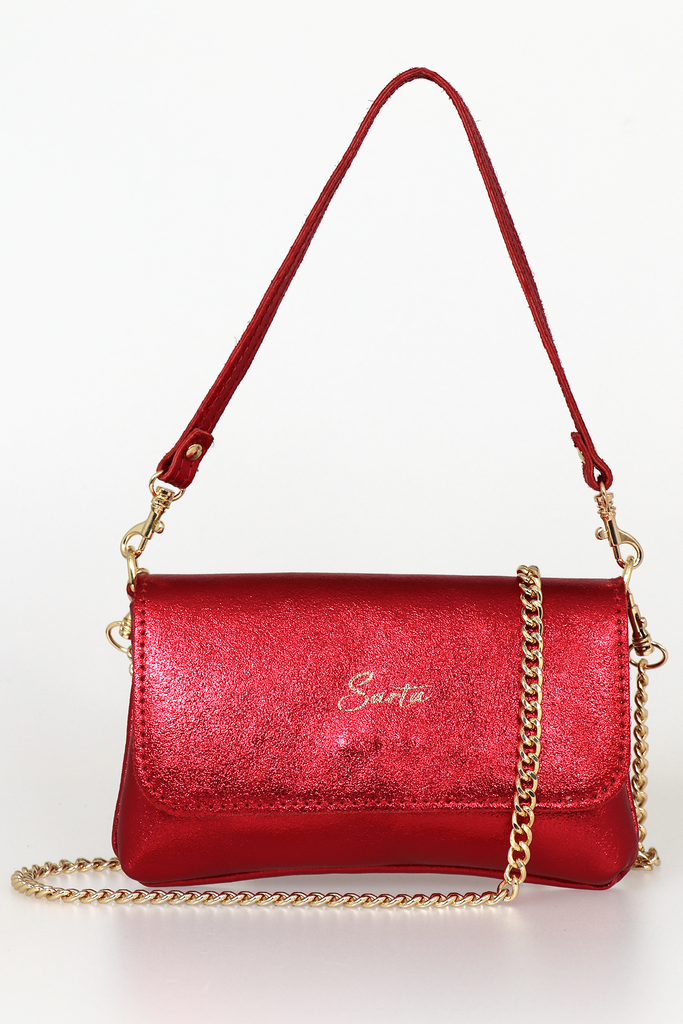 scarelet red metallic shimmery leather mini bag with a gold crossbody strap