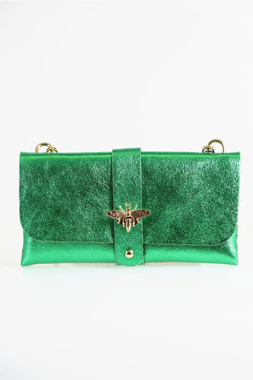 metallic green leather clutch bag with gold chain strap and a gold bee clasp on the front