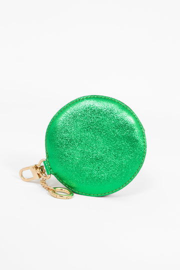 metallic green round leather coin purse with two keyring attachments