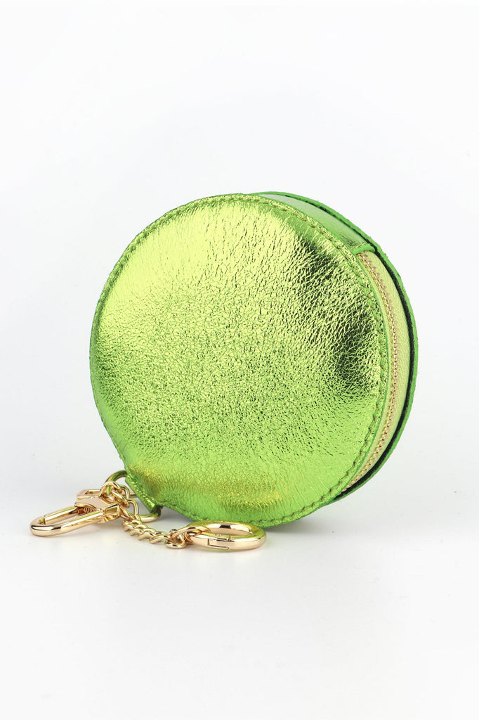 metallic lime green round leather coin purse with two key ring attachments