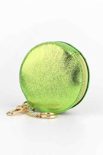 metallic lime green round leather coin purse with two key ring attachments