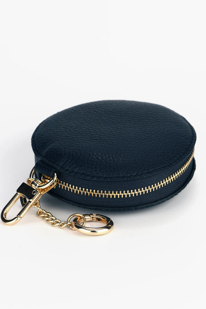 navy blue clip on leather coin purse with secure zip closure