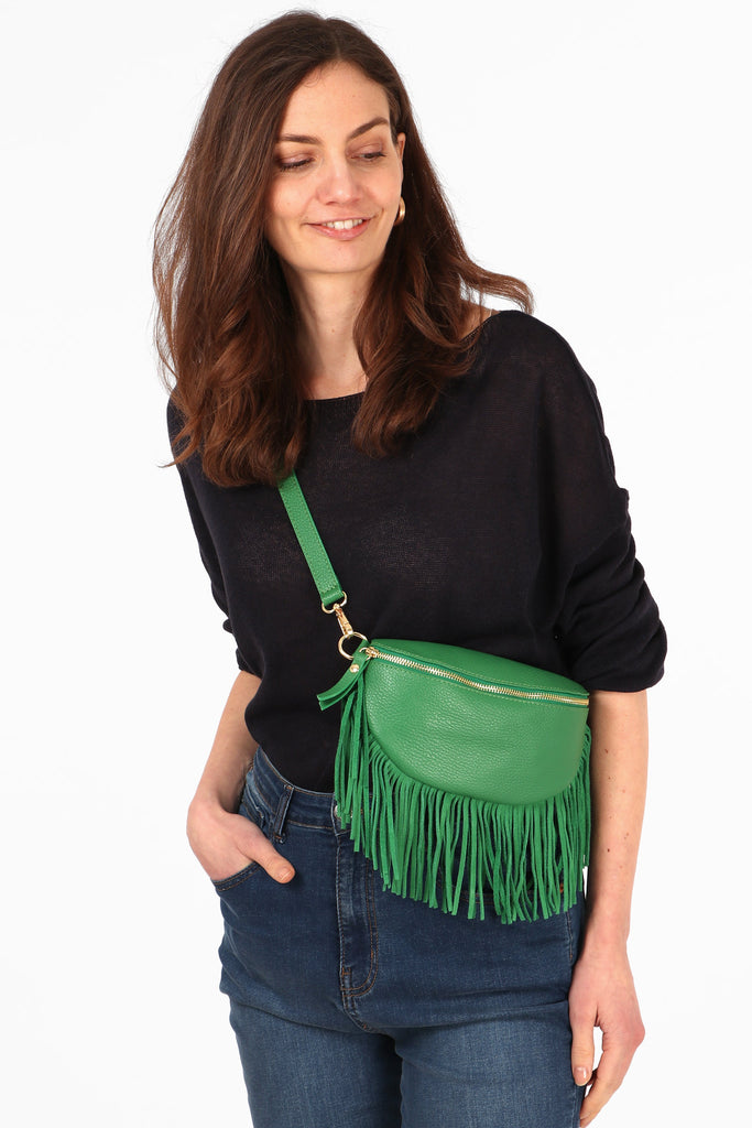 green tassel fringed italian leather cross body bag with adjustable strap