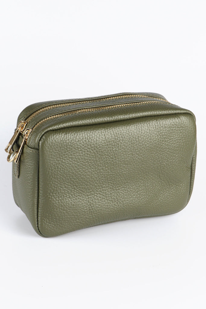 khaki green leather crossbody camera bag