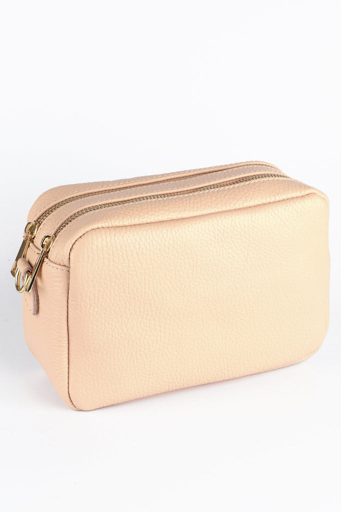 nude leather camera bag with double zip closure