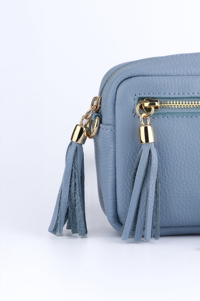 small azure blue leather camera bag 